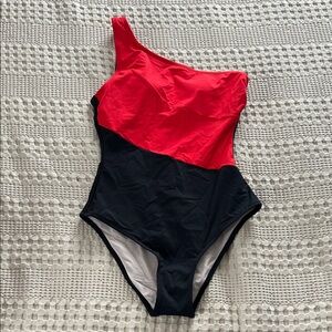 One-Shoulder Red and Black Swimsuit